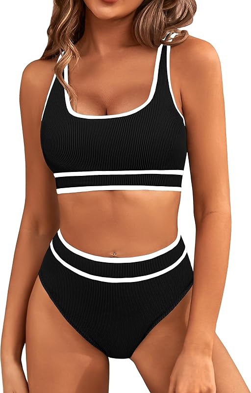 Women's High Waisted Bikini Sets Sporty Two Piece Swimsuits Color Block Cheeky High Cut Bathing Suits - Seldom Seen Styles