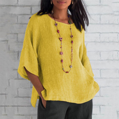 Womens Cotton Linen 3/4 Sleeve Casual Loose Top Crew Neck Shirt Spring Summer Oversized Solid Color Blouses for Women 2024