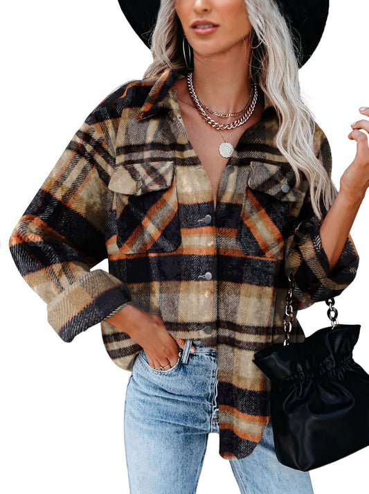 BTFBM Women Shacket Jacket Long Sleeve Button Down Casual Plaid Flannel Shirts Loose Fall Spring Blouses Tops