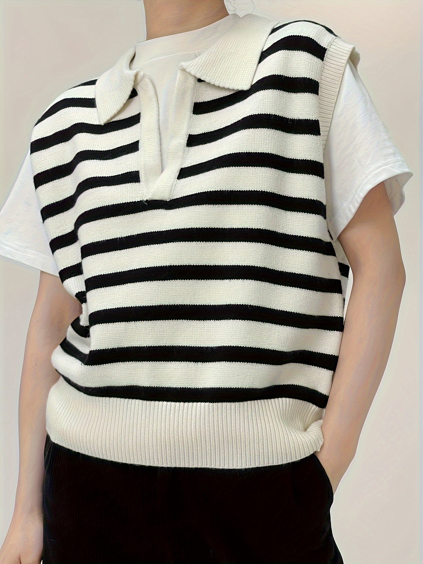 Women's Casual Striped Knit Vest with Lapel Collar - 100% Polyester Sleeveless Sweater for All Seasons