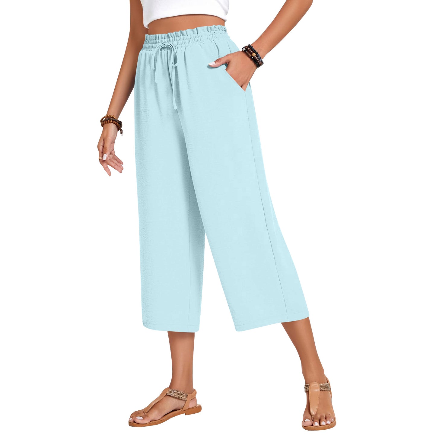 Women's Capri Pants Drawstring Casual Palazzo Trousers with Pockets Loose High Waisted Wide Leg Lounge Pants - Seldom Seen Styles