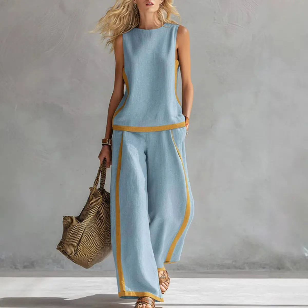 2026  Blend Two Piece Set for Women Sleeveless Color Block Top Wide Leg Pants Set Casual Summer Outfit # Set # WideLegPants # ColorBlock # SummerOutfit # BohoFashion # CasualWear # Outfit of the Day # WomensFashion