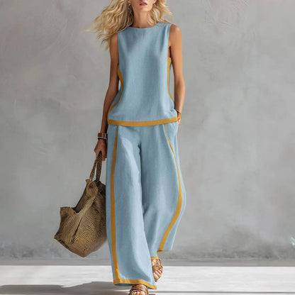 2026  Blend Two Piece Set for Women Sleeveless Color Block Top Wide Leg Pants Set Casual Summer Outfit # Set # WideLegPants # ColorBlock # SummerOutfit # BohoFashion # CasualWear # Outfit of the Day # WomensFashion