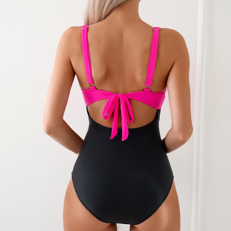 Women's V Neck Tied Cutout Contrast Classic One-Piece Swimsuit - Seldom Seen Styles