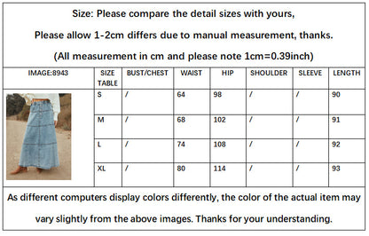 Women Casual Denim Maxi Skirt Elastic High Waist Tiered A Line Long Jean Skirt Y2k Western Patchwork 2025