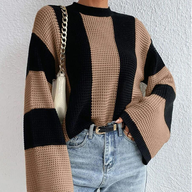 2024Autumn and Winter Cross-Border Foreign Trade Western Style Knitted Sweater Top round Neck Striped Design Niche Sweater Coat for Women