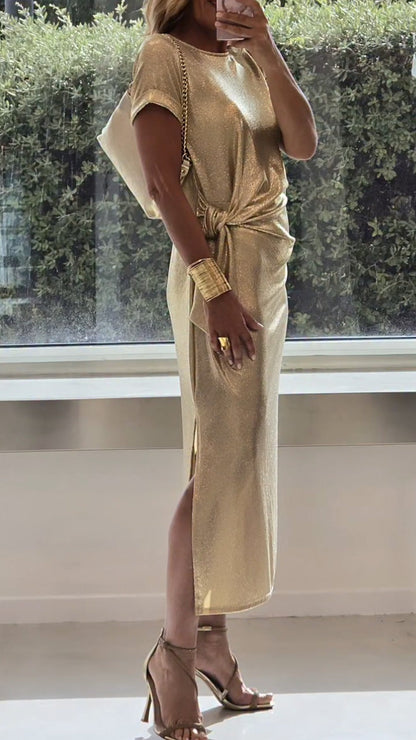 Ladies Round Neck Pleated Slit Temperament Casual Dress