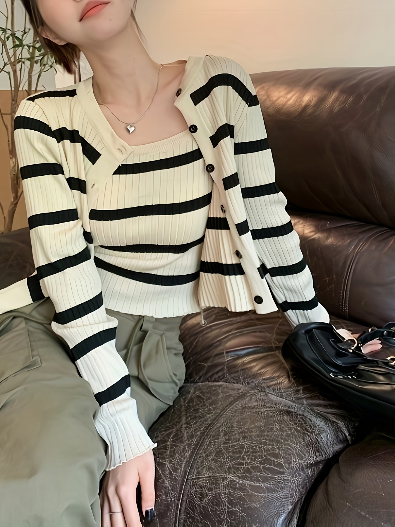 Versatile & Stylish Striped Top Set, Button Front Long Sleeve Cardigan & Slim Fit Cami Top, Women's Clothing