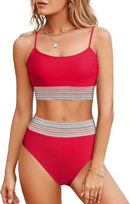 Women's Bikini Sets Colorblock Trim 2 Piece High Waisted Swimsuit Scoop Neck Adjustable Spaghetti Straps Bathing Suit - Seldom Seen Styles