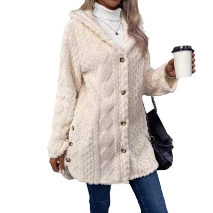 Autumn and Winter Warm Fashion Jacquard Plush Hooded Cardigan Coat