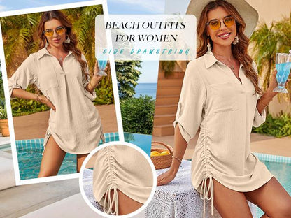 Womens Bathing Suit Cover Ups Bikini Swimsuit Coverup Drawstring Beach Dress Shirt - Seldom Seen Styles