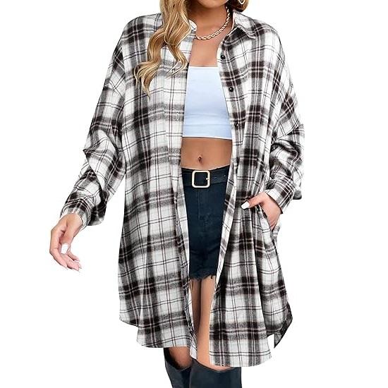 Women's Button Down Flannel Shirts Plaid Shacket Long Sleeve Collared Long Jacket Coats #Springtok - Seldom Seen Styles