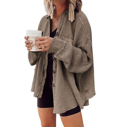 Women's Loose Fit Batwing Sleeve Waffle Knit Button Down Shirt Shacket Tops