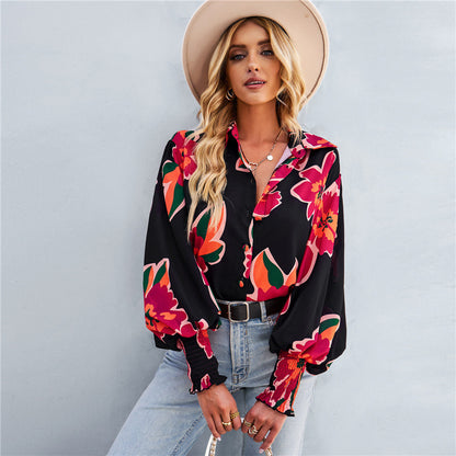 European and american hot2024eBay Amazon Spring Long-Sleeved Versatile Top Fashion Lantern Sleeve Women's Printed Wear Shirt