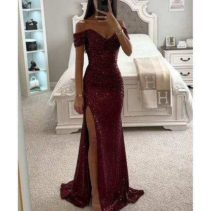 sequin prom dresses strapless sequin dress Split Dress off-Shoulder INS  Fashion low cut maxi Dress for Women