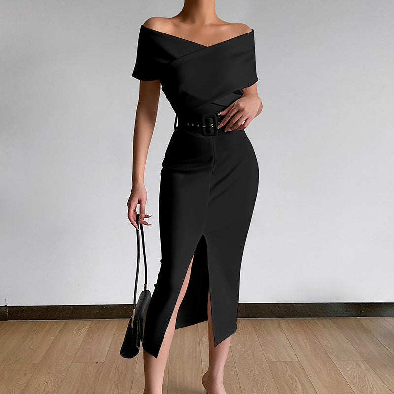 2024Spring and Summer New Elegant Graceful Commute Minimalist Young Europe and America Cross Border New off-the-Shoulder Belt Dress with Vents