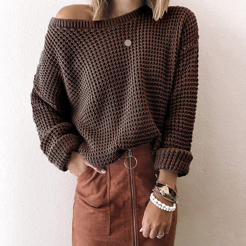 2023European and American New Sweater Women's Solid Color Loose Diagonal Collar Long-Sleeved Knitted Top Amazon Autumn and Winter Sweater