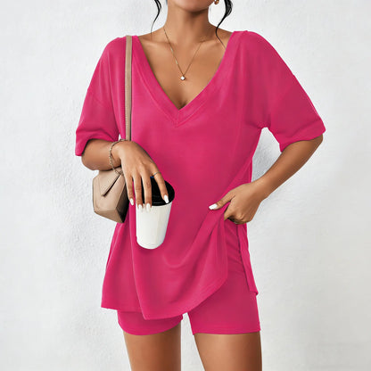 Mother's Day EKOUAER V-neck Two-Piece Pajama Set For Women Summer Casual Oversized Split Hem Shirts & Biker Shorts Minimalist Lounge Wear Soft Homewear Cozy Pjs Clothes Comfy