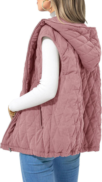 Women's Quilted Vest Casual Sleeveless Hooded Zip Up Diamond pattern Jacket With Pockets Winter Coat Outerwear Minimalist Top - Seldom Seen Styles