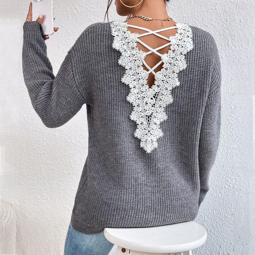 French Sweater Lace New Style Cross-Border European and American Sexy Backless Hollow outVCollar Pullover Long Sleeve Lace Sweater for Women