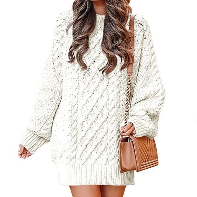 European and American Women's Clothing round Neck Long Sleeve Large Profile Twisted Knitted Thick Needle Pullover Mid-Length Warm Sweater for Women Dress