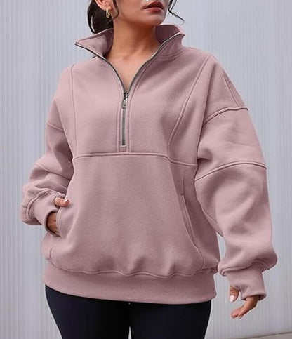 Damen-Sweatshirts mit halbem Reißverschluss, Fleece, Stehkragen, lange Ärmel, Daumenloch, übergroße Pullover mit Taschen