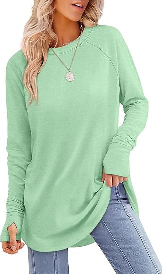 Womens Tunic Tops to Wear with Leggings Long Sleeve Thumb Hole Shirts Crew Neck Curved Hem - Seldom Seen Styles