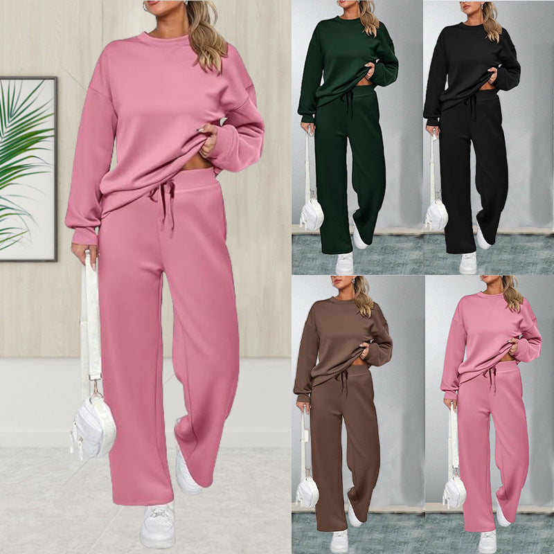 Pink Queen Women's 2 Piece Lounge Outfit Sweater Set Long Sleeve Crop Knit Top and Wide Leg Long Pants Sweatsuit - Seldom Seen Styles