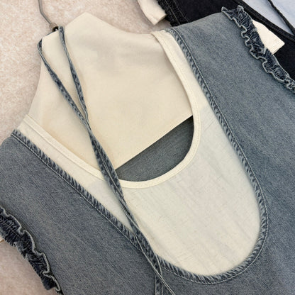 Women's Denim Fake Two-Piece Sleeveless U-Neck A-Line Midi Dress Ruffle Shoulder Detail with Free Mini Bag Dark Navy Blue Grey One Size