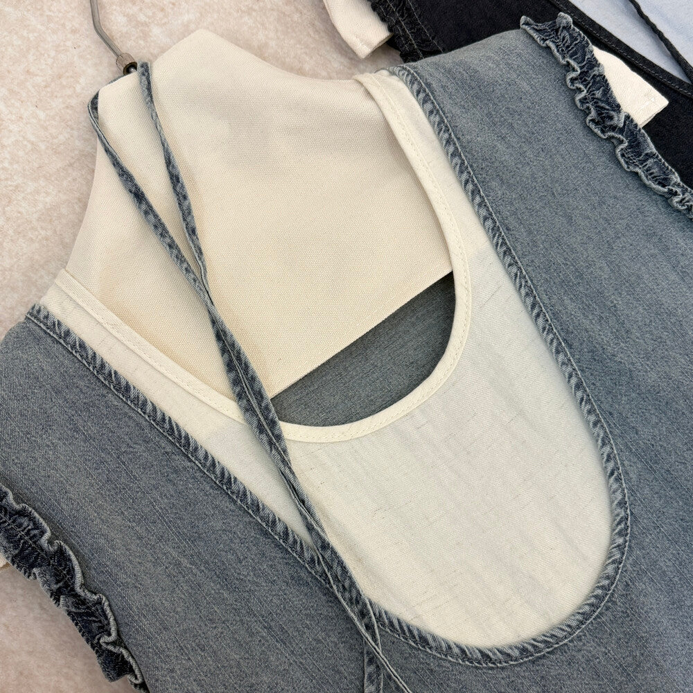 Women's Denim Fake Two-Piece Sleeveless U-Neck A-Line Midi Dress Ruffle Shoulder Detail with Free Mini Bag Dark Navy Blue Grey One Size - Seldom Seen Styles