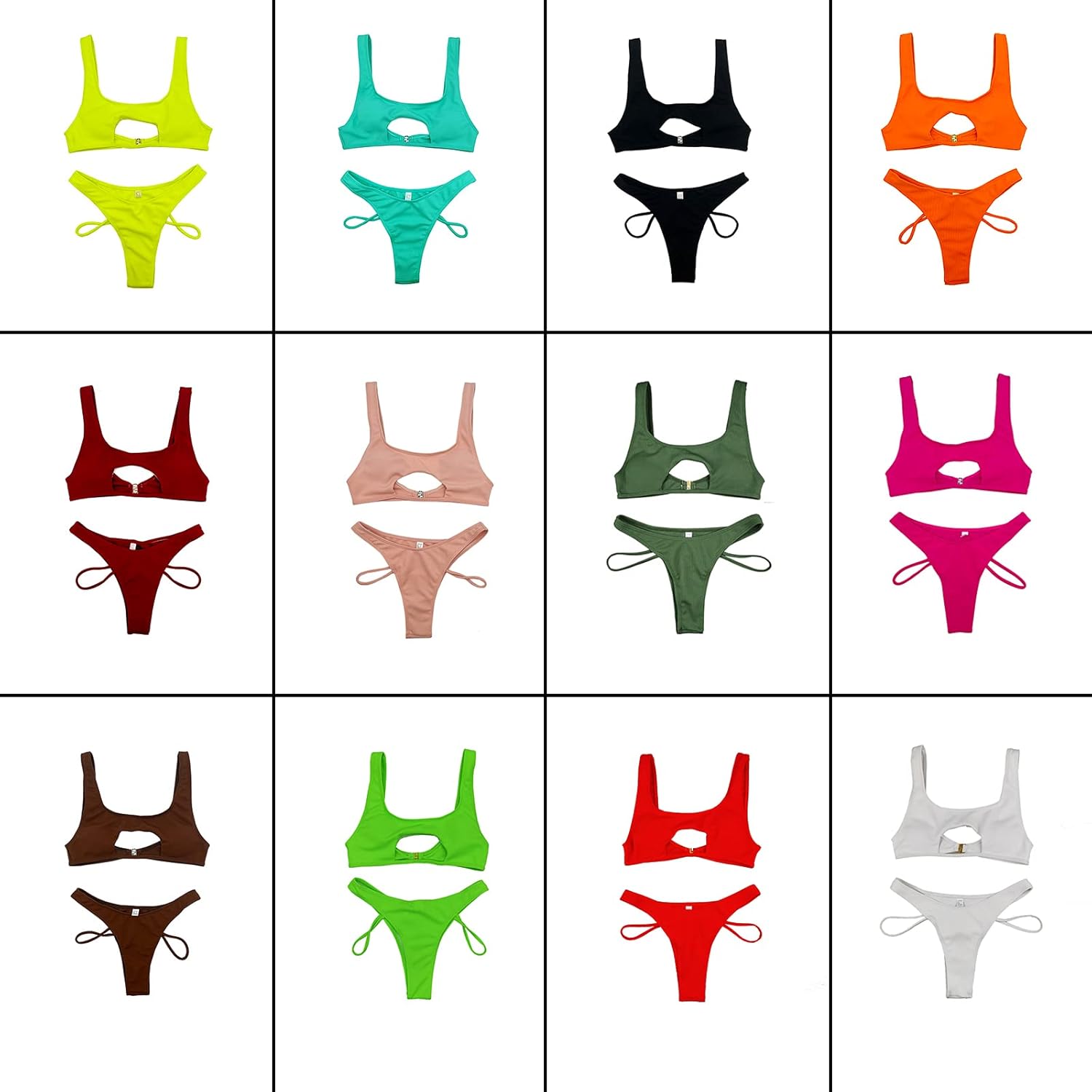 Women's Sexy Scoop Neck Padded Cutout Strappy Thong Bikini Set Swimsuit - Seldom Seen Styles