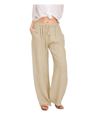 Women's Casual Wide Leg Elastic Waist Loose Lightweight Summer Linen Beach Pants Drawstring