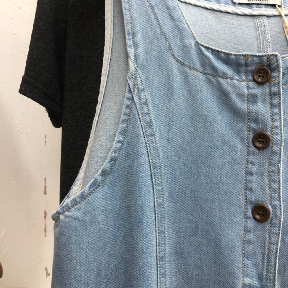Women's Light Blue Denim Sleeveless Maxi Dress Square Neck Button Front Cotton Jean Dress - Seldom Seen Styles