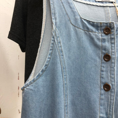 Women's Light Blue Denim Sleeveless Maxi Dress Square Neck Button Front Cotton Jean Dress