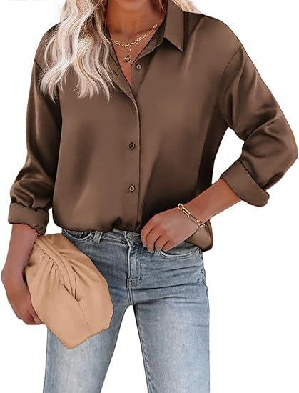 Women's Blouse Satin Shirts Button Down Shirts Casual Loose Long Sleeve Office Work Tunic Tops