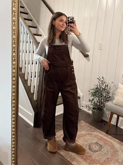 Corduroy Overalls for Women Barrel Wide Leg Bib Corduroy Pants Women Adjustable Romper Jumpsuit with Pockets
