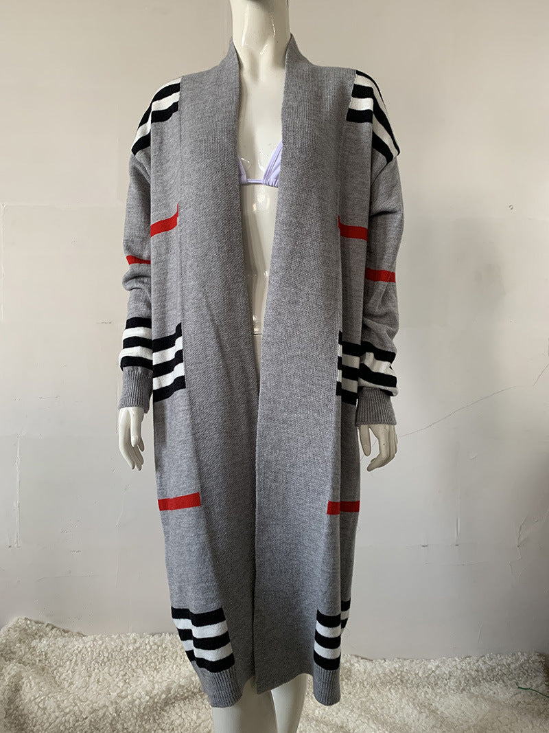 Long  Striped Sweater Cardigan  Loose Large Sweater Coat