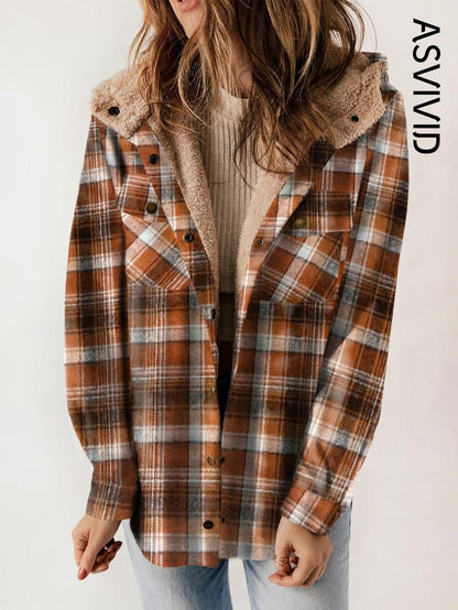 Women's Plaid / Houndstooth Print Button Front Hooded Coat, Casual Long Sleeve Pocket Coat for Fall & Winter, Ladies Outerwear for Daily Wear