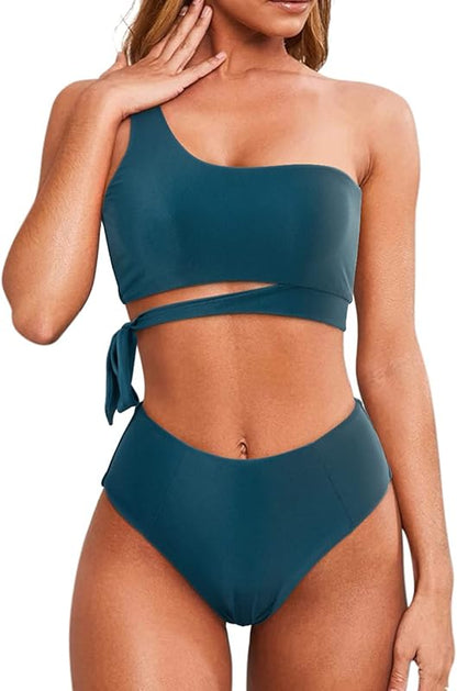 Women One Shoulder High Waisted Bikini Tie High Cut Two Piece Swimsuits - Seldom Seen Styles