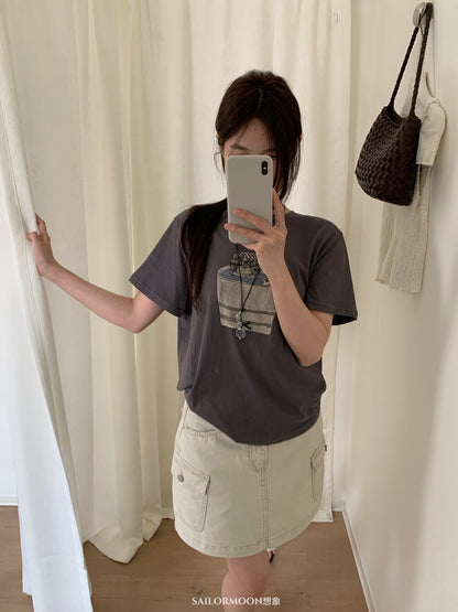 Vintage Katzen-T-Shirt mit Grafik – Süßer Kätzchen-Print, lockere Passform, lässiger Stil im Korea-Look