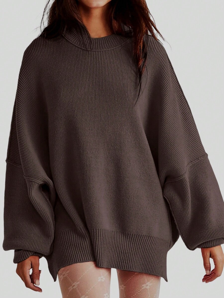 Women's Oversized Batwing Sweaters 2024 Fall Outfits Crewneck Ribbed Knit Side Slit Trendy Pullover Tops