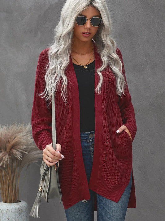 European and American Style Women Fashion Solid Color Hollow Cardigan Sweater Autumn and Winter New Side Slit Drop-Shoulder Long-Sleeve Top271064