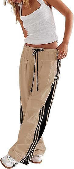 Women Y2k Track Pants Side Striped Wide Leg Baggy Pants Casual Drawstring Waist Parachute Sweatpants Streetwear