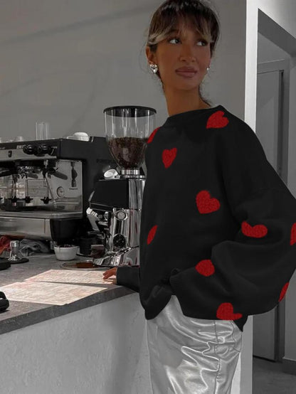Women's Spring Heart Print Long Sleeve Crewneck Knitting Jumper, Comfort Round Neck Sweater for Daily Streetwear,  Tiktop Shop, Lady's Top for Spring