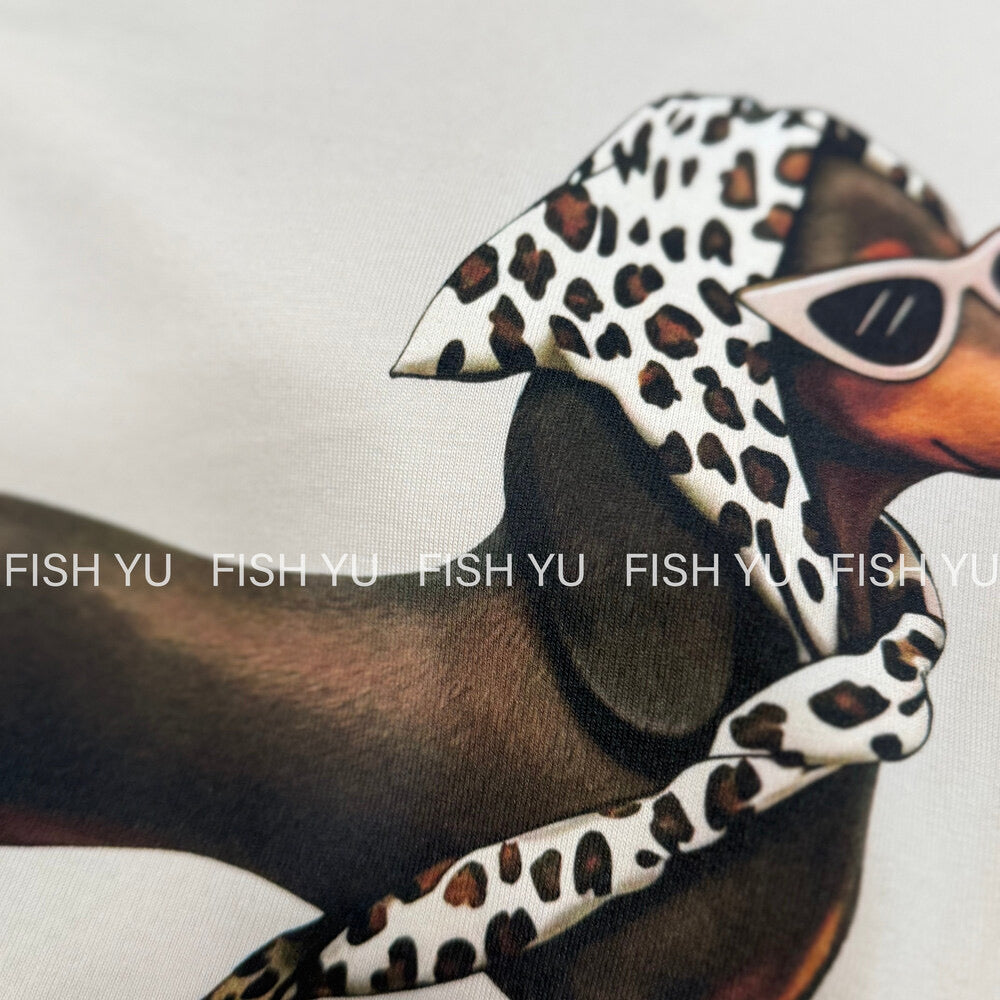 Vintage Dachshund Graphic T-Shirt – Leopard Scarf Dog Print Loose Fit Casual Tee - Seldom Seen Styles