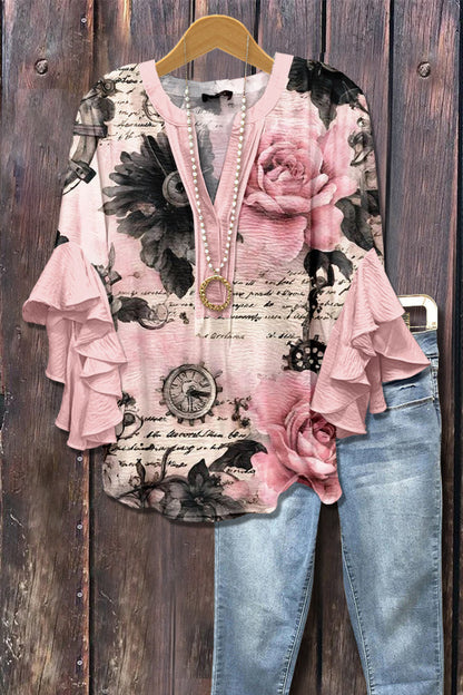 Haut à manches volantées et imprimé floral rétro pour femme, tenue vintage des années 90, chemises amusantes, élégantes et classe, jolie tenue d'été