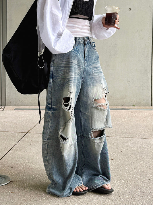 Women's Distressed Ripped Wide Leg Jeans High Waist Baggy Denim Pants Streetwear Y2K Casual Summer Outfit