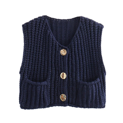 Three-Button Sweater Vest for Women New Solid Color Large Pocket Sleeveless Knitted Short Cardigan Vest