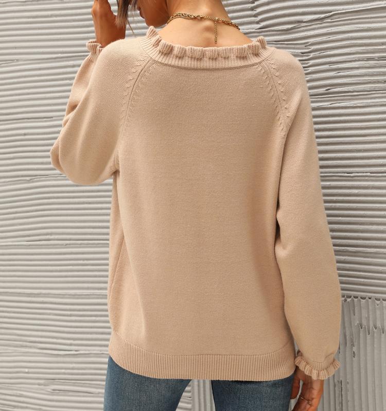 Women's Knit Pullover Sweater Tops - Casual Long Sleeve Button Down Crew Neck Ruffle Solid Color Striped - Knitwear, Womenswear - Seldom Seen Styles