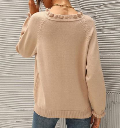 Women's Knit Pullover Sweater Tops - Casual Long Sleeve Button Down Crew Neck Ruffle Solid Color Striped - Knitwear, Womenswear